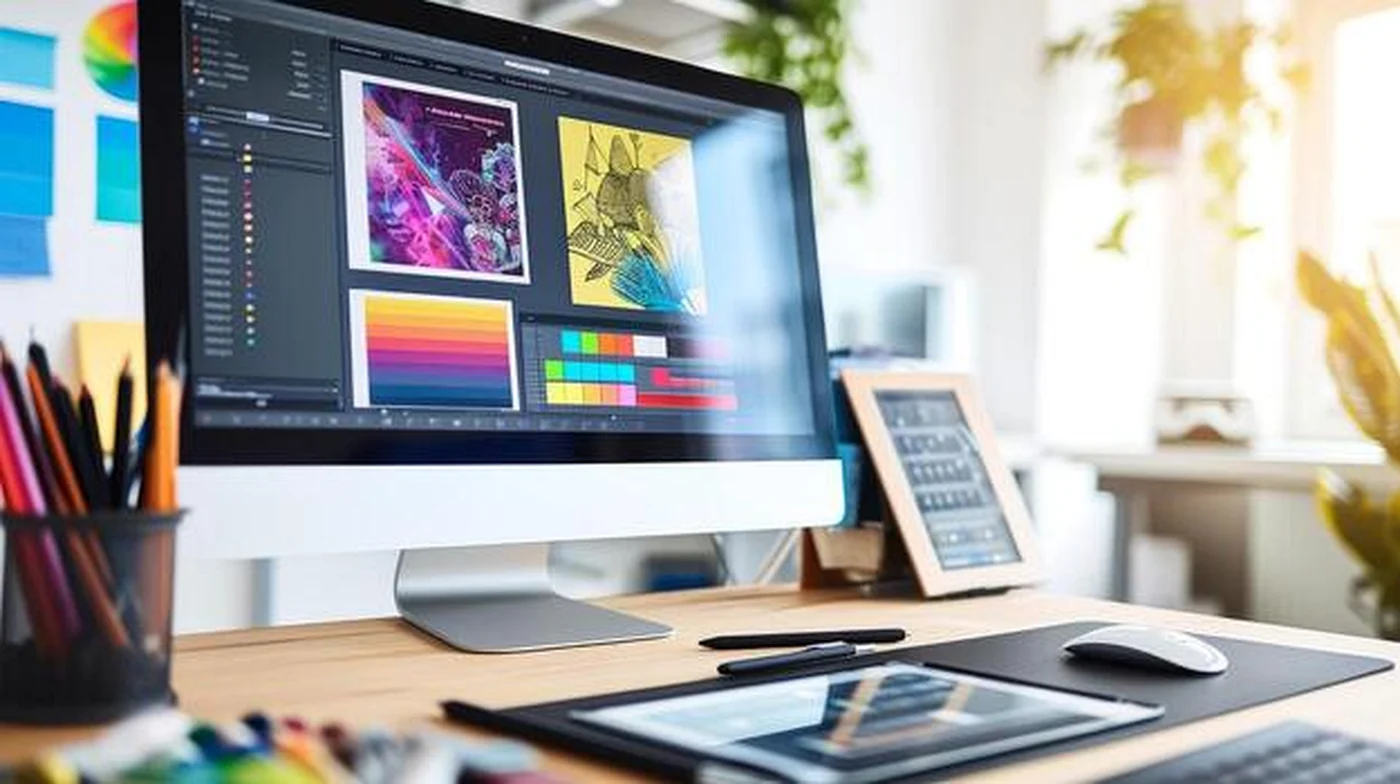 Professional graphic design workspace with digital design tools